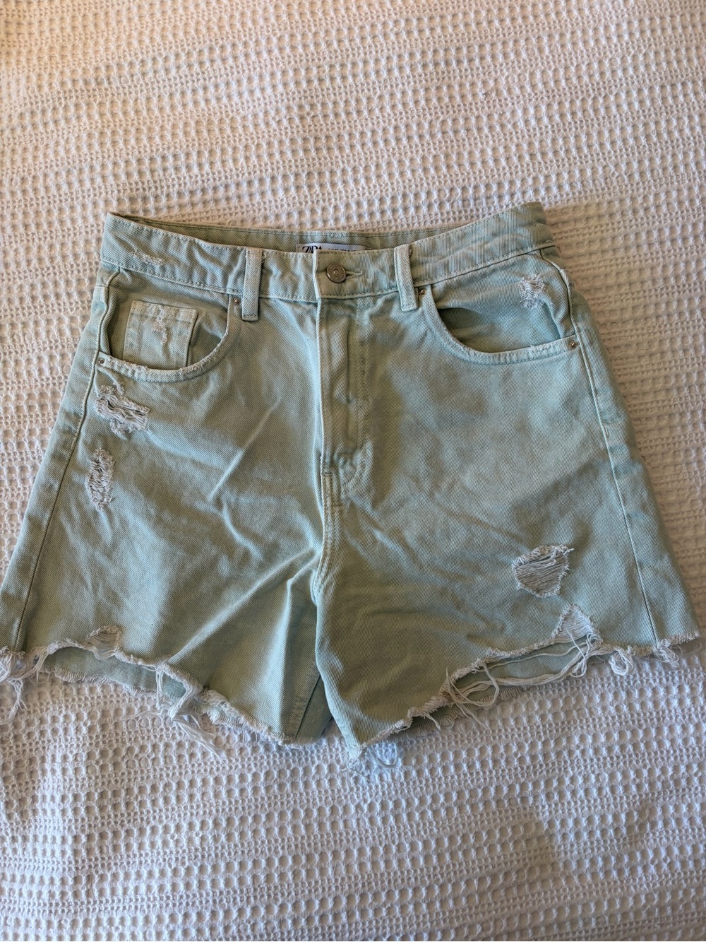 Zara Light Mint Distressed Denim Shorts